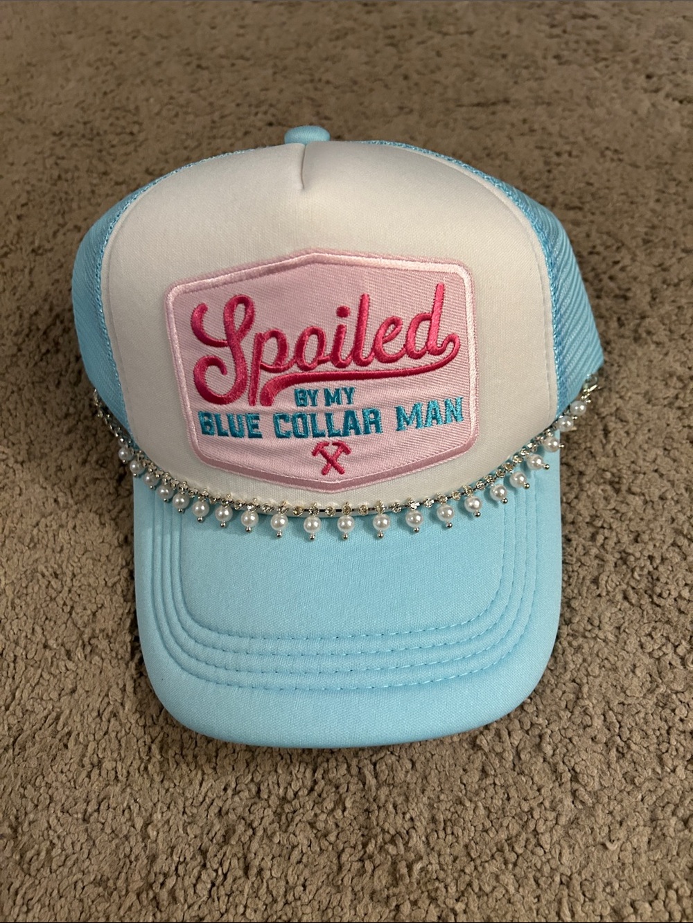Spoiled By My Blue Collar Man Light Blue Kids Trucker Hat
